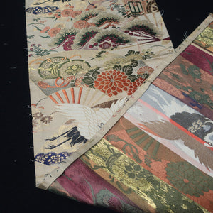 BB10048AD Silk Obi Fabric Crane Birds White Red 76.8x10.6in(195x27cm)