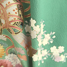 Load image into Gallery viewer, Furisode Green Cherry Blossom Chrysanthemum Silk #11094B1
