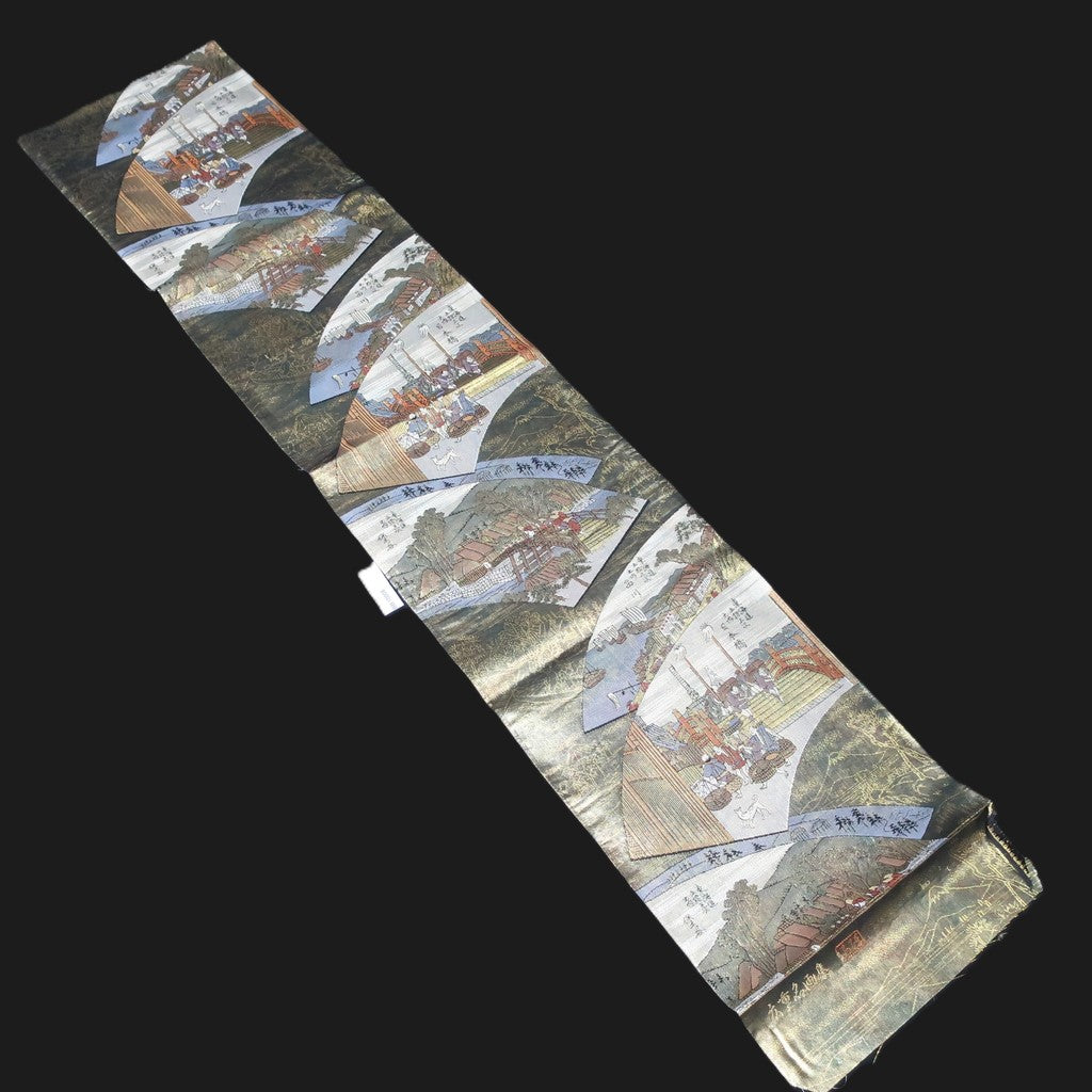 BB10008AB Silk Obi Fabric Ukiyoe Tokaido Green Gold 54.7x11.0in(139x28cm)