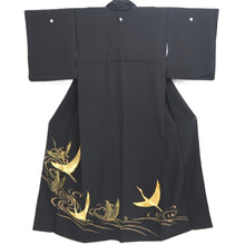 Load image into Gallery viewer, Tomesode Black Gold Embroidery Crane Birds Tall Silk #10394F5

