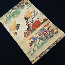 Load image into Gallery viewer, Maru Obi Vintage(1920-1950) Beige Gold Crane Birds Plum blossom Silk BB296V7
