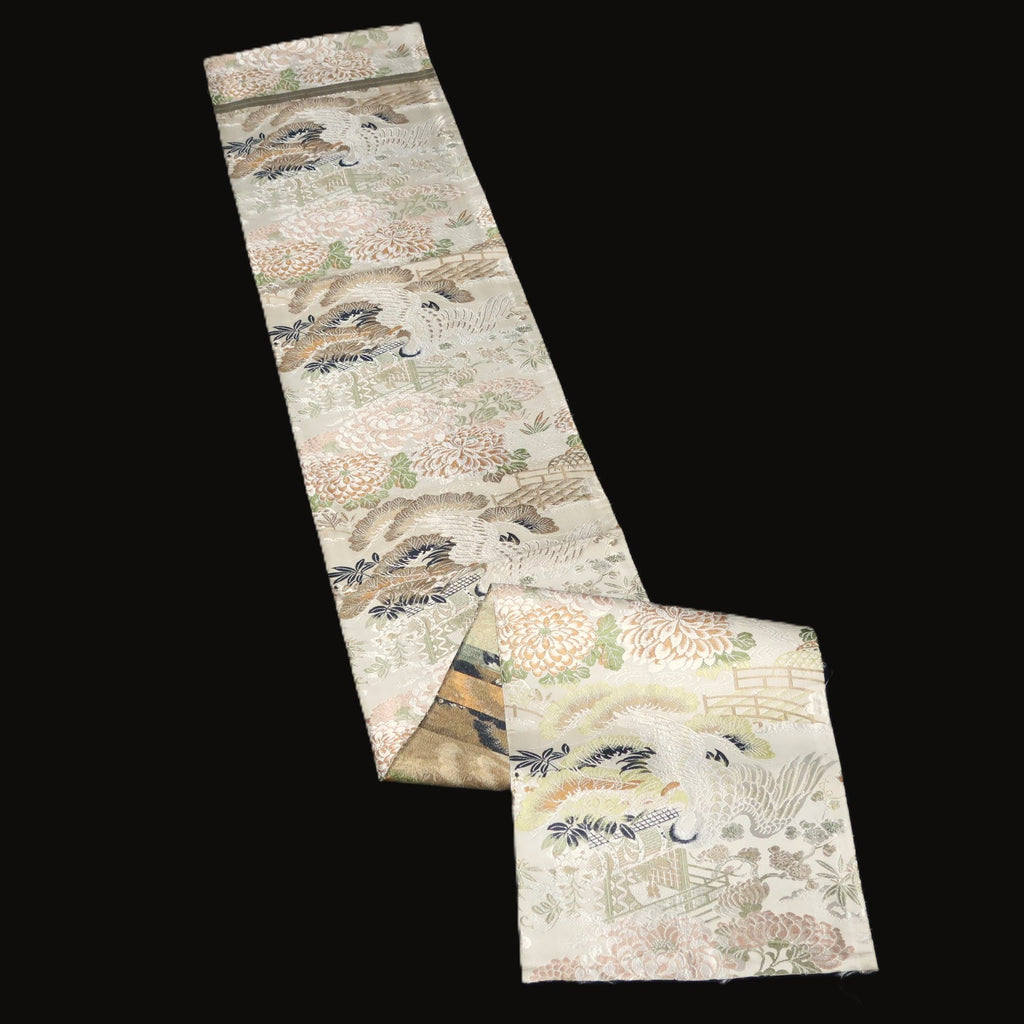 BB10039AC Silk Obi Fabric Vintage(1920-1950) Crane Birds Brown 72.0x11.4in(183x29cm)