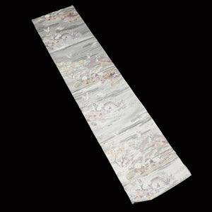 BB10079AF Silk Obi Fabric Heian Princess Crane Birds Silver 50.8x10.6in(129x27cm)