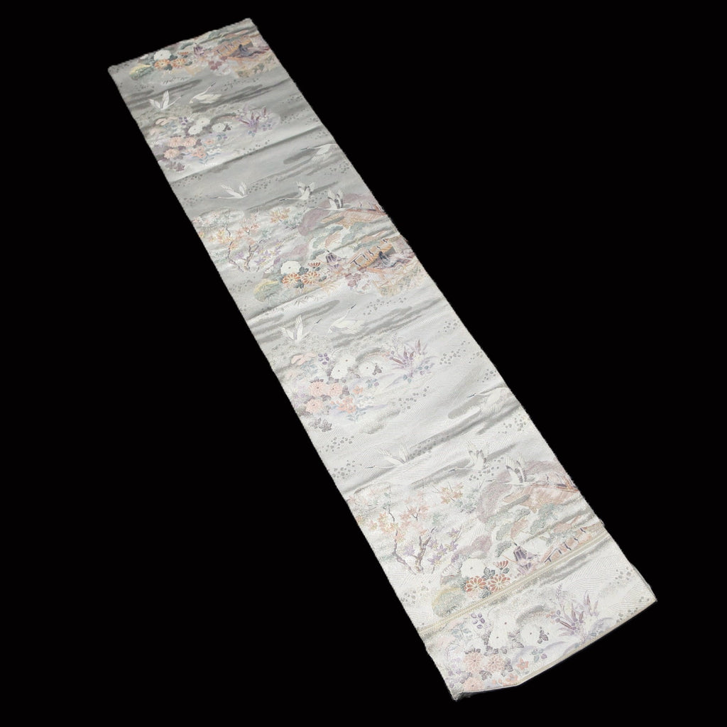 BB10079AF Silk Obi Fabric Heian Princess Crane Birds Silver 50.8x10.6in(129x27cm)