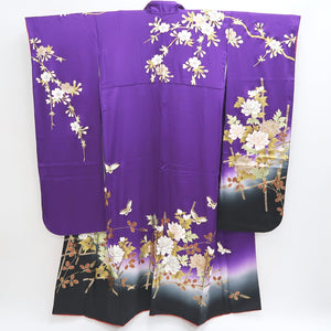 Furisode Purple Gold Black Peony Butterfly Sakura Silk #9699J4