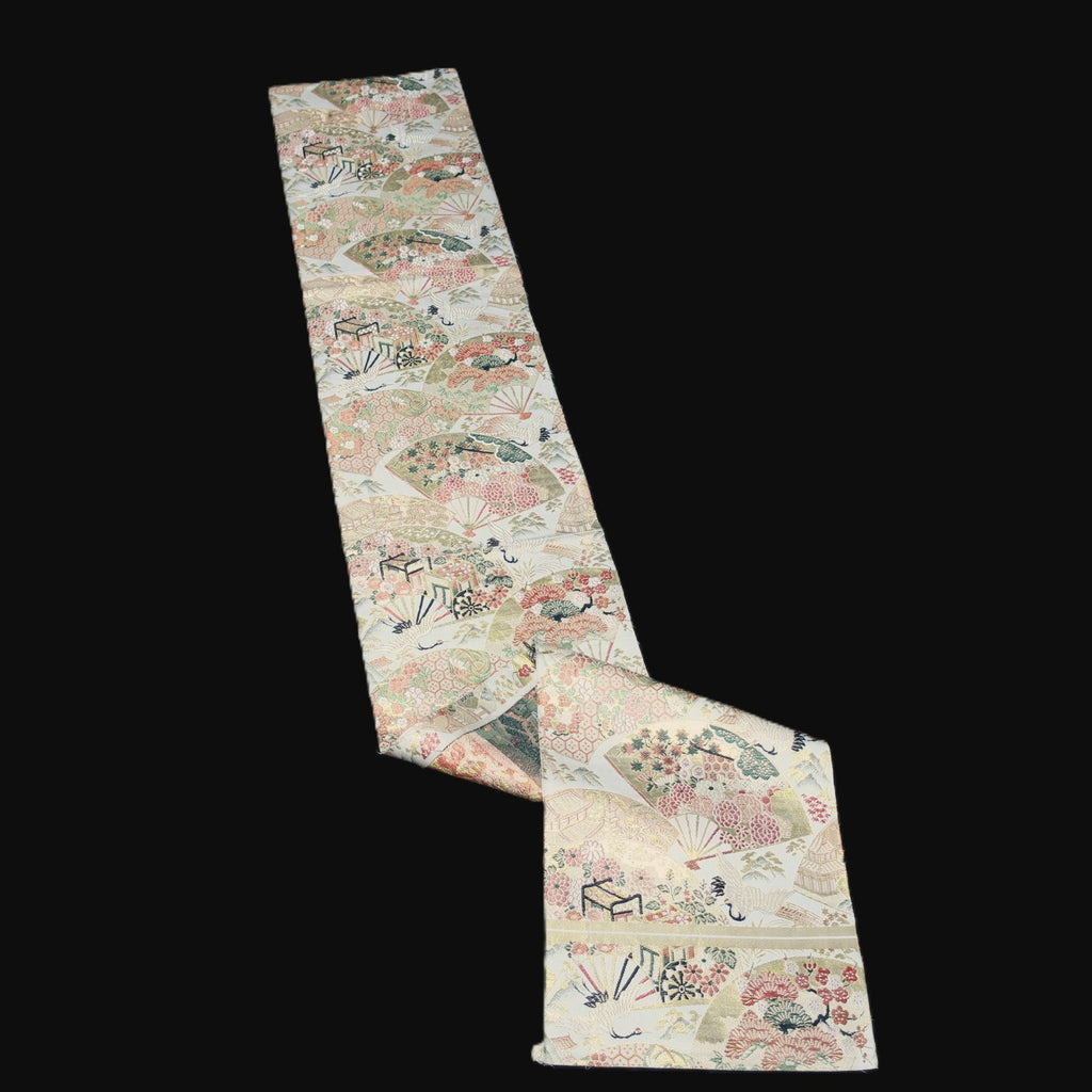 BB10049AD Silk Obi Fabric Crane Birds White Red 72.0x10.6in(183x27cm)