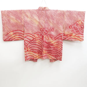 Haori Jacket Vintage(1950-1980) Red Shibori Curling Wave Silk #9854B2