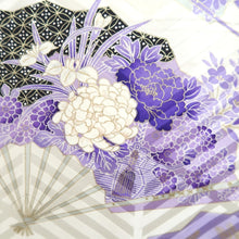 Load image into Gallery viewer, Furisode White Purple Lavender Chrysanthemum Folding Fan Silk #10545B3
