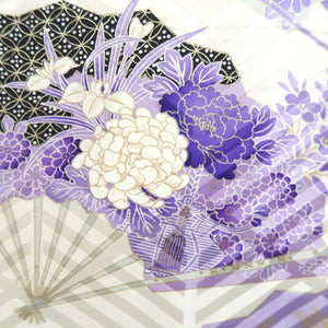 Furisode White Purple Lavender Chrysanthemum Folding Fan Silk #10545B3