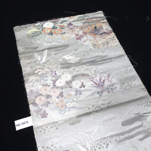 BB10079AF Silk Obi Fabric Heian Princess Crane Birds Silver 50.8x10.6in(129x27cm)