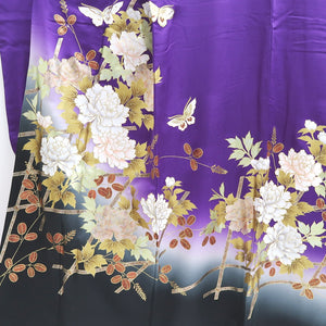 Furisode Purple Gold Black Peony Butterfly Sakura Silk #9699J4