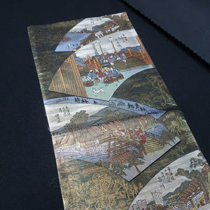 BB10008AB Silk Obi Fabric Ukiyoe Tokaido Green Gold 54.7x11.0in(139x28cm)