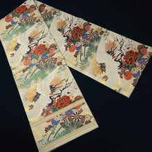 Load image into Gallery viewer, Maru Obi Vintage(1920-1950) Beige Gold Crane Birds Plum blossom Silk BB296V7
