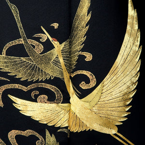 Tomesode Black Gold Embroidery Crane Birds Tall Silk #10394F5