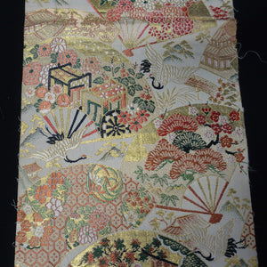 BB10049AD Silk Obi Fabric Crane Birds White Red 72.0x10.6in(183x27cm)