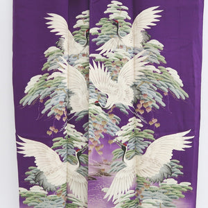 Kimono Vintage(1920-1950) Purple Crane Birds Hand painted Silk #9673J3