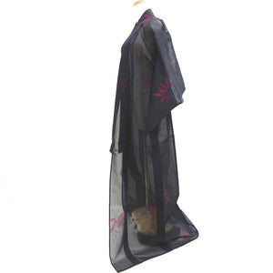 Kimono Vintage(1950-1980) Black Magenta See-Through Leaves Silk #10277E4