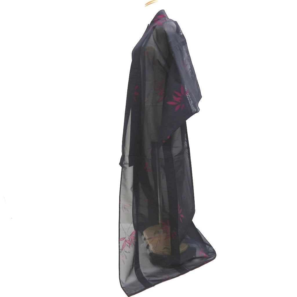Kimono Vintage(1950-1980) Black Magenta See-Through Leaves Silk #10277E4