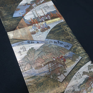BB10008AB Silk Obi Fabric Ukiyoe Tokaido Green Gold 54.7x11.0in(139x28cm)