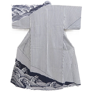 Yukata Vintage(1950-1980) White Navy Curling Wave Cotton #10487B1
