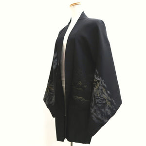 Haori Jacket Vintage(1950-1980) Black Gold Mountain Tree Landscape Silk #10009C3