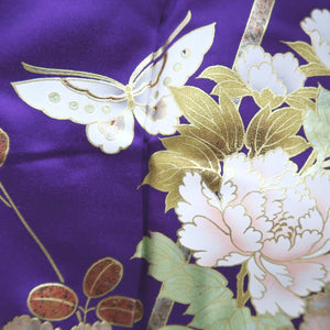 Furisode Purple Gold Black Peony Butterfly Sakura Silk #9699J4