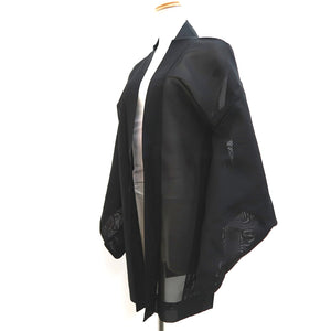 Haori Jacket Vintage(1950-1980) Black Red See-Through Flower Embroidery Silk #10220E2