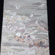 Load image into Gallery viewer, BB10079AF Silk Obi Fabric Heian Princess Crane Birds Silver 50.8x10.6in(129x27cm)
