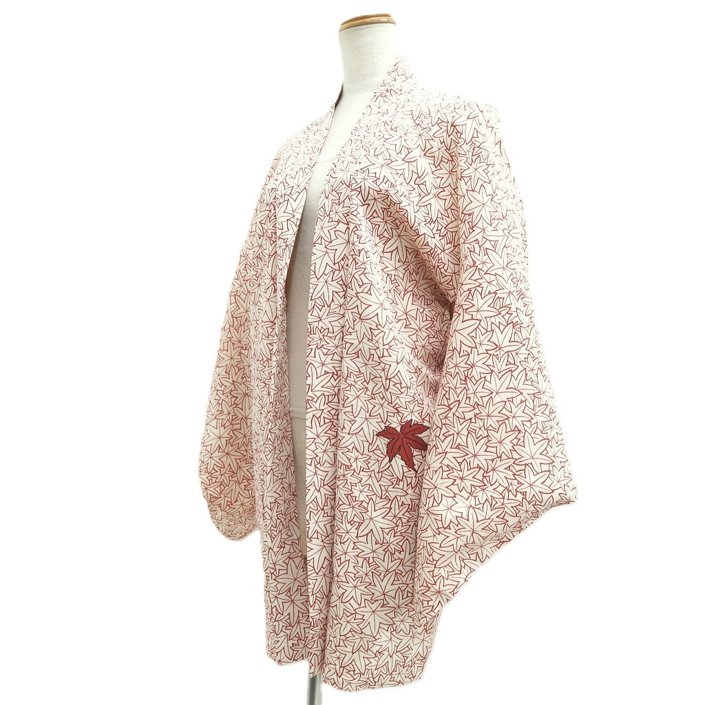 Haori Jacket Vintage(1950-1980) White Light Red Maple Leaf Silk #10616C3