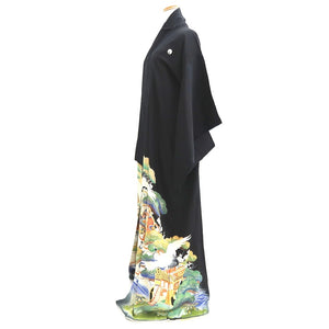 Tomesode Vintage(1920-1950) Black Hand painted Crane Birds Silk #10405A1