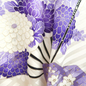 Furisode White Purple Lavender Chrysanthemum Folding Fan Silk #10545B3