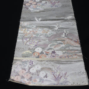 BB10079AF Silk Obi Fabric Heian Princess Crane Birds Silver 50.8x10.6in(129x27cm)