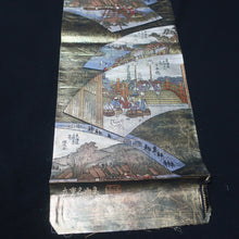 Load image into Gallery viewer, BB10008AB Silk Obi Fabric Ukiyoe Tokaido Green Gold 54.7x11.0in(139x28cm)
