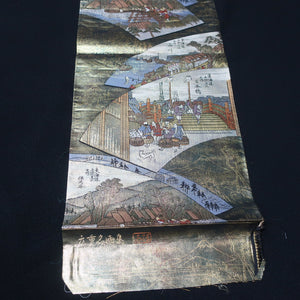 BB10008AB Silk Obi Fabric Ukiyoe Tokaido Green Gold 54.7x11.0in(139x28cm)