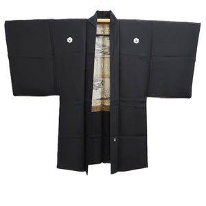 Men's Haori Vintage(1950-1980) Black Montsuki Kanji Landscape Silk #10414A2