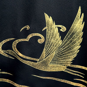 Tomesode Black Gold Embroidery Crane Birds Tall Silk #10394F5