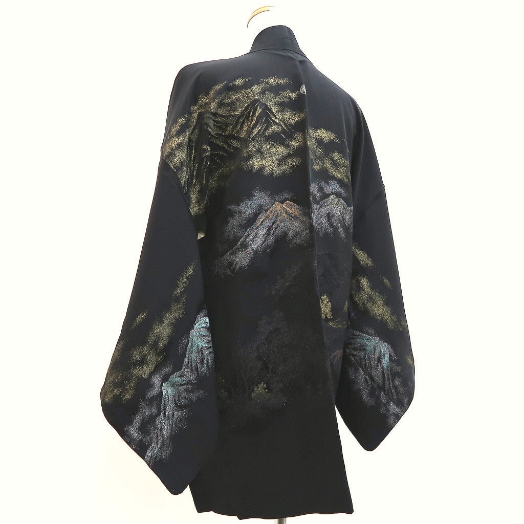 Haori Jacket Vintage(1950-1980) Black Gold Mountain Tree Landscape Silk #10009C3