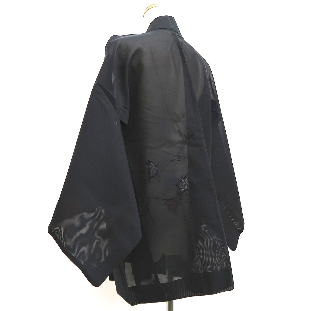 Haori Jacket Vintage(1950-1980) Black Red See-Through Flower Embroidery Silk #10220E2