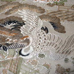 BB10039AC Silk Obi Fabric Vintage(1920-1950) Crane Birds Brown 72.0x11.4in(183x29cm)