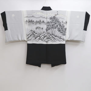 Men's Haori Vintage(1950-1980) Black Habutae Mountain Landscape Silk #9983C2