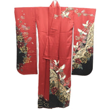 Load image into Gallery viewer, Furisode Red Gold Crane Birds Silk #11084A5
