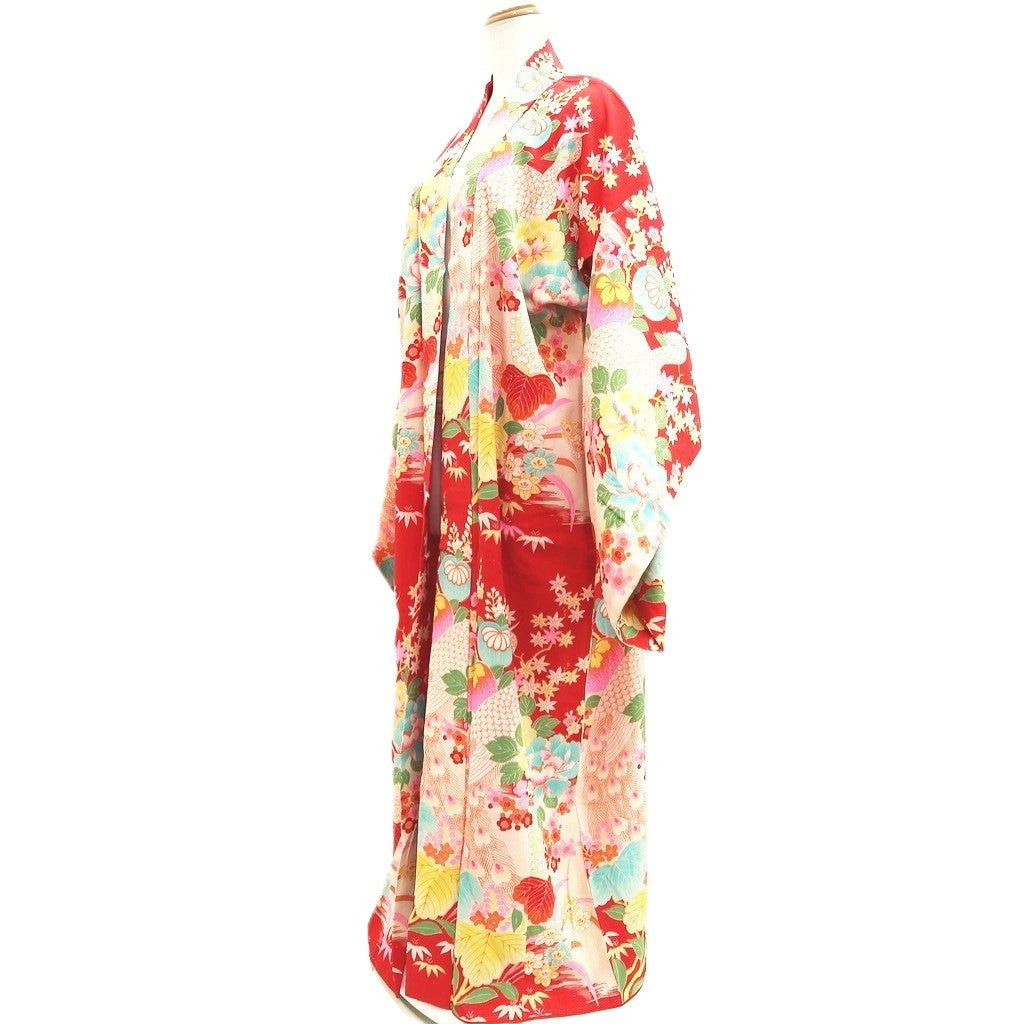 Juban Vintage(1920-1950) Red Peacock feather Silk #10369F4