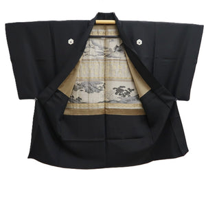 Men's Haori Vintage(1950-1980) Black Montsuki Kanji Landscape Silk #10414A2