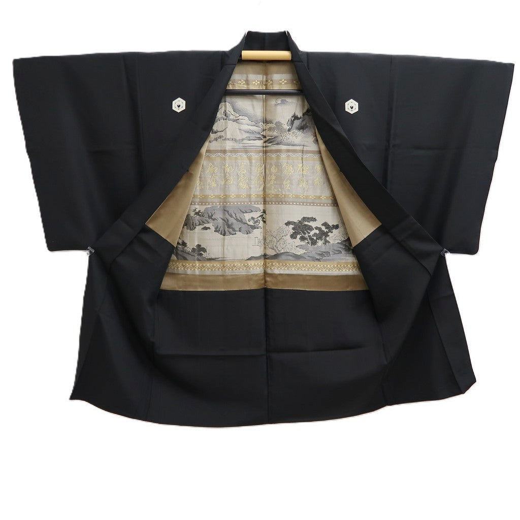 Men's Haori Vintage(1950-1980) Black Montsuki Kanji Landscape Silk #10414A2