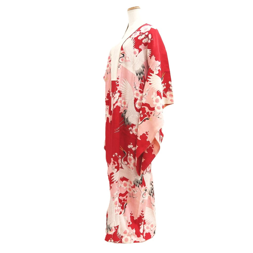 Juban Vintage(1950-1980) Red Pink Crane Birds Plum blossom Silk #10507B1