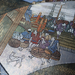 BB10008AB Silk Obi Fabric Ukiyoe Tokaido Green Gold 54.7x11.0in(139x28cm)