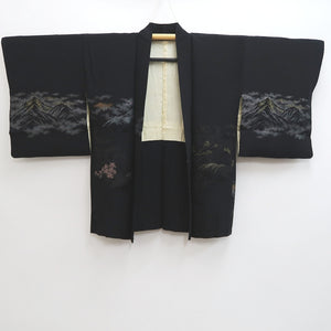 Haori Jacket Vintage(1950-1980) Black Gold Mountain Tree Landscape Silk #10009C3