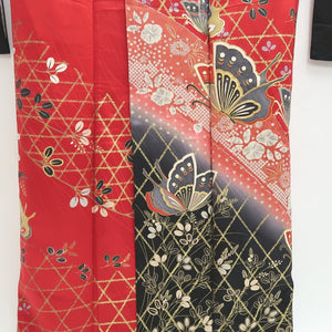 Furisode Red Black Gold Butterfly Tall Silk #9710J5