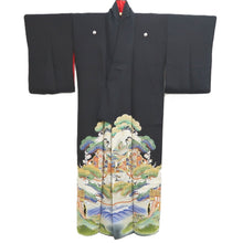Load image into Gallery viewer, Tomesode Vintage(1920-1950) Black Hand painted Crane Birds Silk #10405A1
