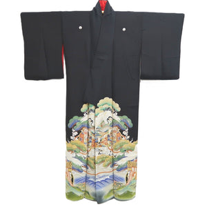 Tomesode Vintage(1920-1950) Black Hand painted Crane Birds Silk #10405A1